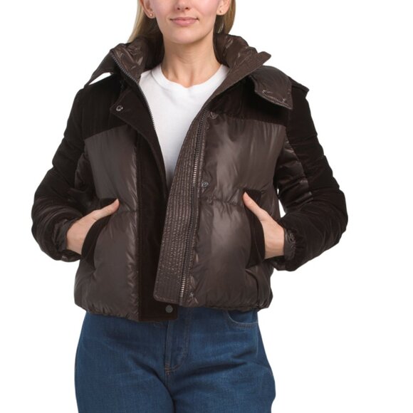 ANDREW MARC Chocolate Vega Velvet Trimmed Down Puffer Coat